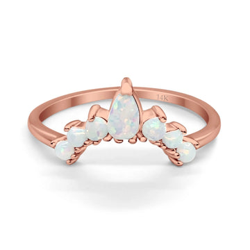 14K Rose Gold Pear Curved Band Thumb Ring Half Eternity Simulated CZ Lab Created White Opal Wedding Engagement